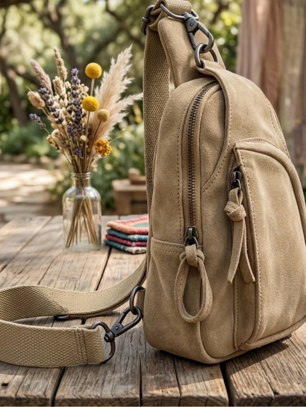 Free people Hudson suede leather sling crossbody bag beige hobo hippie